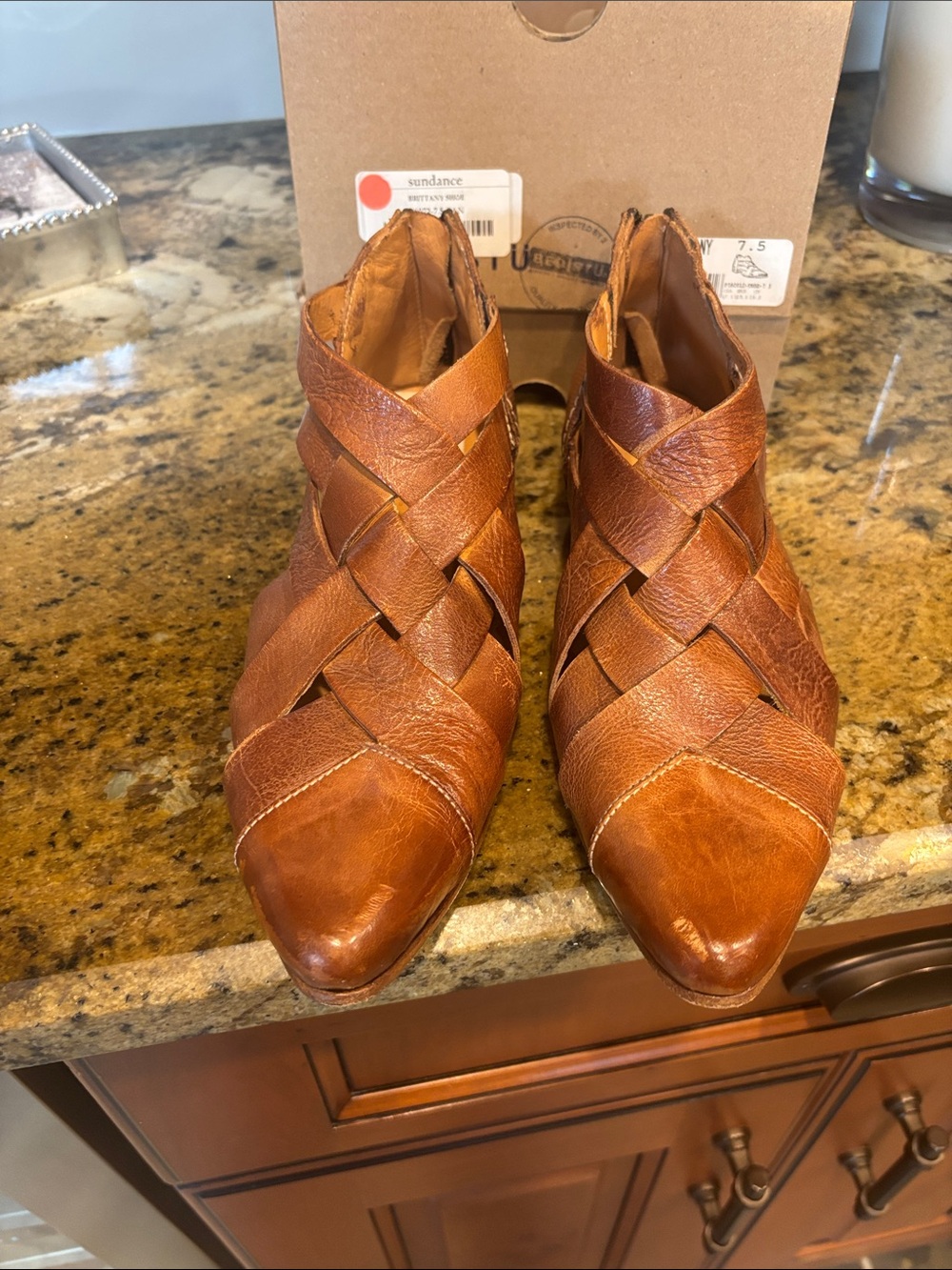 Sundance Cognac Brown Woven Leather Flats